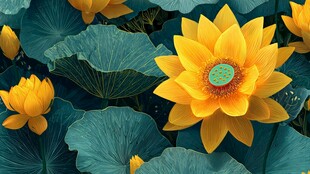 金黄荷花绽放于绿叶间