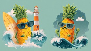 菠萝在海边的趣味场景