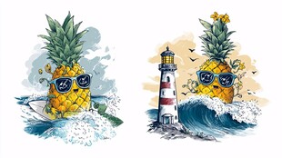 戴墨镜菠萝的海洋主题插画