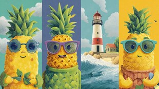 菠萝卡通形象与灯塔海景