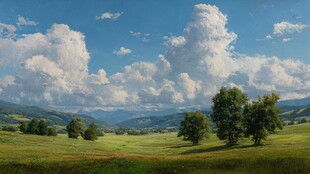 田园风光下的蓝天白云绿野