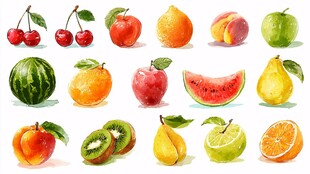 水彩绘多彩新鲜水果集合