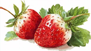水彩画中的新鲜双颗草莓