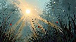 阳光洒落的梦幻森林草地