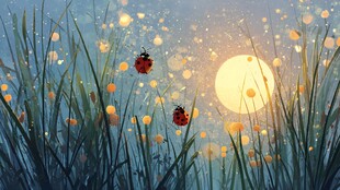 月夜草间瓢虫梦幻景象