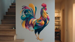 多彩公鸡墙绘 灵动又绚丽