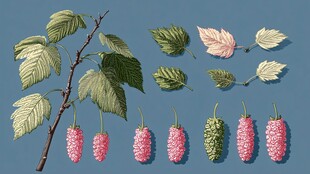 手绘桑葚及叶片素材图