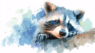 水彩绘可爱浣熊趴伏瞬间