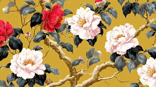 金黄背景上的艳丽花卉图案