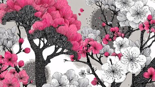 粉色黑白花卉装饰画图案