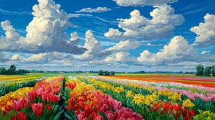 缤纷花海与蓝天白云之景