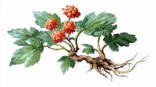 水彩绘红果绿叶植物根茎