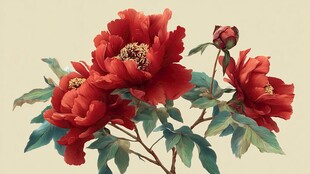 艳丽红牡丹绽放枝头