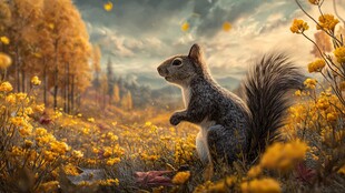 秋日松鼠置身绚烂花海中