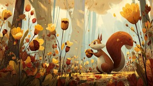 松鼠在繁花树林中觅食