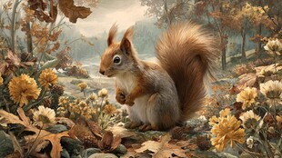 秋日松鼠于繁花落叶间