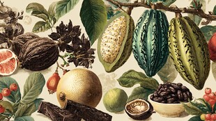 可可及多样果实的精致插画