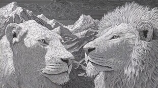 双狮对望于山峦背景前