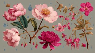 水彩风花卉与雨滴插画