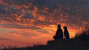 夕阳下人与狗的温馨剪影