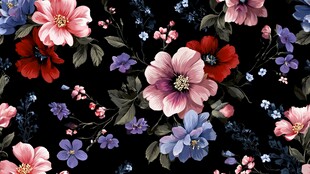 黑色背景上的多彩花卉图案