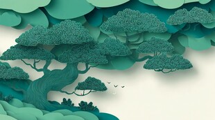 青绿色立体剪纸风山林图景