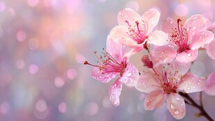 娇艳樱花绽放带露之美