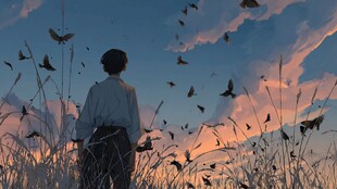 少年立于蝶舞暮色中