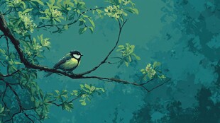 枝头小鸟栖于葱郁绿荫间