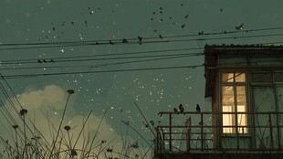 夜幕下电线上群鸟伴屋景