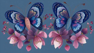 双蝶伴花的梦幻插画