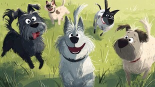 欢乐狗狗在草地奔跑嬉戏