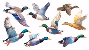 飞翔的多彩野鸭群