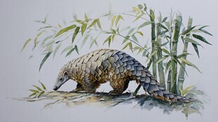 竹旁穿山甲特写画面