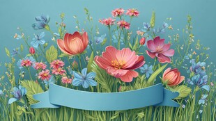 春日花卉绘景 清新蓝丝带