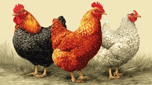 三只色彩各异的漂亮家鸡