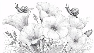 黑白花卉与蜗牛精致插画