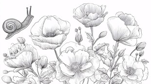 蜗牛与花卉的黑白线稿图
