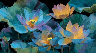 梦幻多彩荷花与荷叶图景