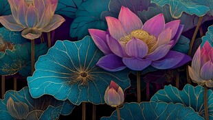 梦幻绚丽的绽放荷花图景