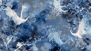 蓝调仙鹤飞舞水墨画境