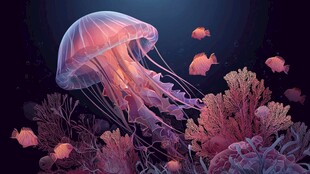 梦幻水母畅游海底珊瑚间