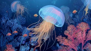 梦幻海底的水母与珊瑚