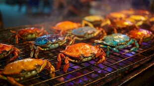 炭火上烤制的多彩螃蟹