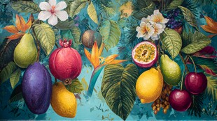 热带多彩水果与花卉图景