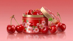 红罐盛鲜樱桃 花饰添雅韵