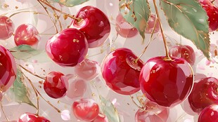 晶莹樱桃与绿叶梦幻画面