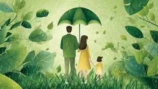 雨中家庭漫步温馨瞬间