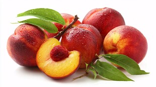 新鲜油桃果实与绿叶展示