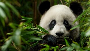 萌态熊猫于竹叶间进食